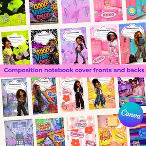 May include: A collection of composition notebook covers featuring diverse illustrations of young people, graffiti-style text, vibrant patterns, and motivational phrases like Good Vibes Only, I am Strong, and Believe, arranged in a grid layout.