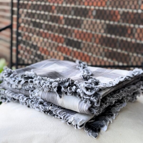 Ragged Blanket - Gray Windowpane Plaid/Black. Great baby blanket, lightweight lap blanket, or wheelchair blanket.