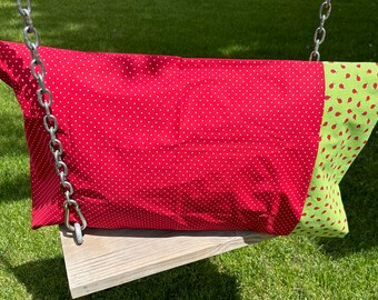 Ladybug Pillowcase - Handmade kids pillowcase, red with white polka dots on the body, bright green cuff highlighted with sweet ladybugs