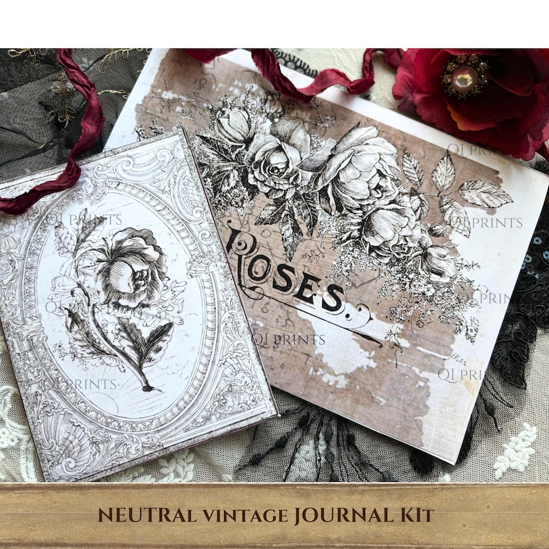 May include: A journal kit featuring two rectangular paper sheets with black and white botanical illustrations of roses. One sheet displays a single rose in an oval frame, while the other shows a rose cluster and the text ROSES. The paper has a brown, aged texture.
