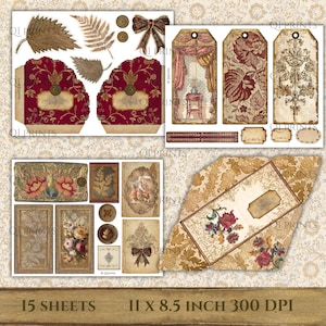 Puede incluir: Un conjunto de 15 hojas de collage digital con etiquetas, sobres y motivos florales, damascos y bot&aacute;nicos en tonos rojo oscuro, dorado y crema, con el texto 15 SHEETS 11 x 8.5 INCH 300 DPI impreso en la parte inferior de la imagen.