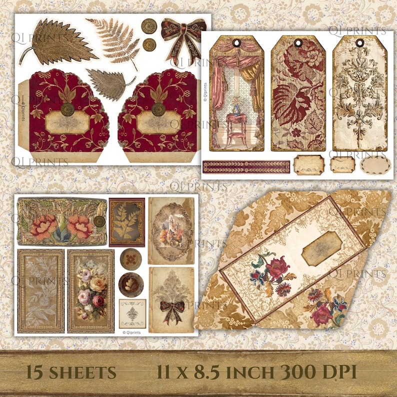 Puede incluir: Un conjunto de 15 hojas de collage digital con etiquetas, sobres y motivos florales, damascos y bot&aacute;nicos en tonos rojo oscuro, dorado y crema, con el texto 15 SHEETS 11 x 8.5 INCH 300 DPI impreso en la parte inferior de la imagen.