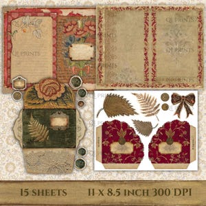 Puede incluir: Una hoja de collage digital con 15 l&aacute;minas de papeler&iacute;a, sobres y ef&iacute;mera bot&aacute;nica de estilo vintage. Incluye patrones florales rojos y dorados, hojas de helecho, un motivo de rosa y etiquetas en blanco. Texto: 15 SHEETS 11 x 8.5 INCH 300 DPI.