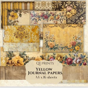 May include: A set of 16 yellow journal papers with floral and damask patterns. The papers are A4 size and feature a variety of designs, including roses, leaves, and swirls. The papers are perfect for scrapbooking, card making, and other craft projects.