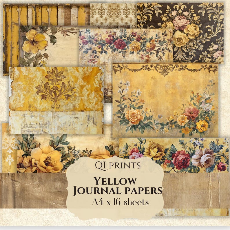 Yellow Floral Journal Paper, Retro Damask Prints (digital Download ...