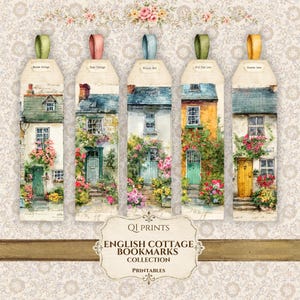 May include: Five vertical bookmarks featuring watercolor illustrations of English cottages with colorful doors, flower-filled gardens, and stone walls. Each bookmark has a ribbon loop at the top and text labels. The collection is titled English Cottage Bookmarks.