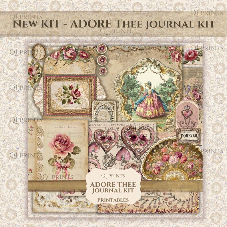 Puede incluir: Un kit de diario digital titulado NEW KIT - ADORE THEE JOURNAL KIT que incluye ef&iacute;meros de papel de estilo vintage, con ilustraciones florales de rosas rosas, marcos en forma de coraz&oacute;n, un abanico decorativo y una figura con traje de &eacute;poca.