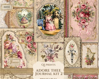 Adore Thee Journal Kit 2, Victorian Romance Printables, Pink Floral Junk Journal, Antique Rose Ephemera, French Vintage Papers