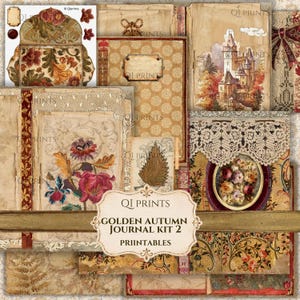 May include: A digital journal kit featuring vintage-style paper designs with floral patterns, lace textures, a castle illustration, and an envelope template. The central label reads QI PRINTS GOLDEN AUTUMN JOURNAL KIT 2 PRIINTABLES.