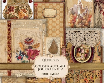 May include: A digital journal kit featuring vintage-style paper designs with floral patterns, lace textures, a castle illustration, and an envelope template. The central label reads QI PRINTS GOLDEN AUTUMN JOURNAL KIT 2 PRIINTABLES.