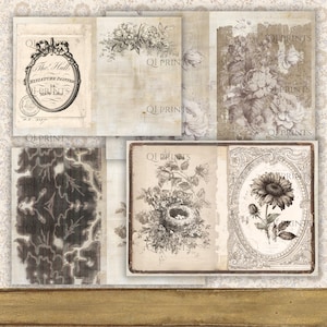 Neutral Vintage Journal Kit, Antique Ephemera, Rose Sepia Backgrounds, Botanical Floral Papers, Digital download image 6