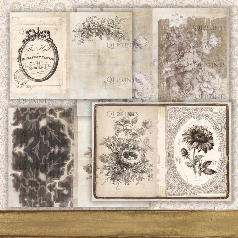 Neutral Vintage Journal Kit, Antique Ephemera, Rose Sepia Backgrounds, Botanical Floral Papers, Digital download image 6