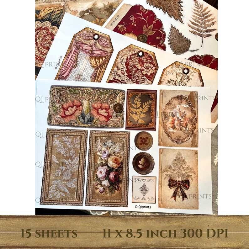 Puede incluir: Una colecci&oacute;n de papel impreso con ilustraciones bot&aacute;nicas de estilo vintage, patrones florales, marcos ornamentados y etiquetas decorativas. Las hojas incluyen varios dise&ntilde;os rectangulares y ovalados con detalles intrincados, que miden 27,9 por 21,6 cm.