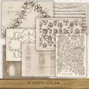 May include: A collection of twenty-one A4 size sheets featuring vintage-style paper with dark brown ink illustrations of floral patterns, ornate scrollwork, and musical notation. Each sheet displays intricate botanical designs and decorative borders.