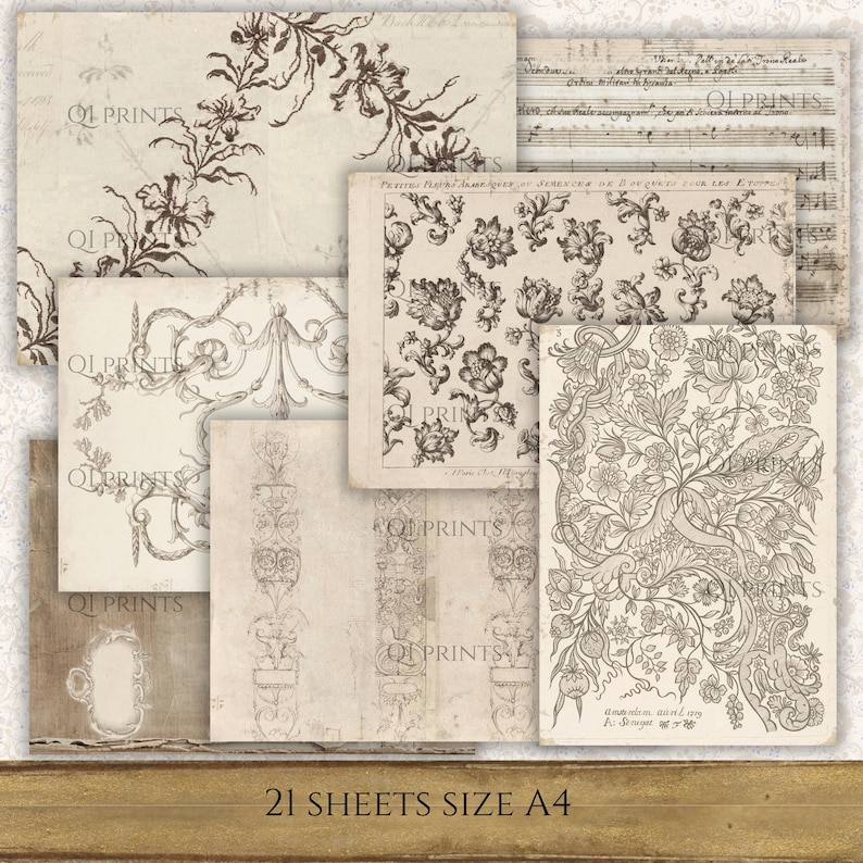 May include: A collection of twenty-one A4 size sheets featuring vintage-style paper with dark brown ink illustrations of floral patterns, ornate scrollwork, and musical notation. Each sheet displays intricate botanical designs and decorative borders.