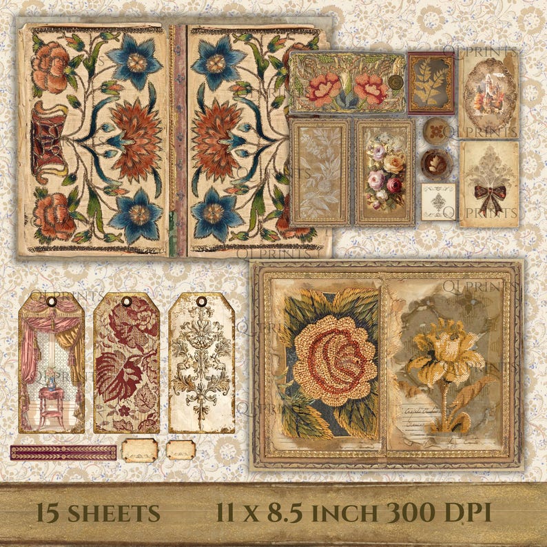 Puede incluir: Una hoja de collage digital con 15 l&aacute;minas de ilustraciones florales y bot&aacute;nicas de estilo vintage, que incluye etiquetas, marcos rectangulares y paneles tipo libro con patrones de bordado, de 27,9 por 21,6 cm a 300 DPI.