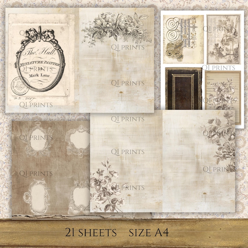 Neutral Vintage Journal Kit, Antique Ephemera, Rose Sepia Backgrounds, Botanical Floral Papers, Digital download image 10