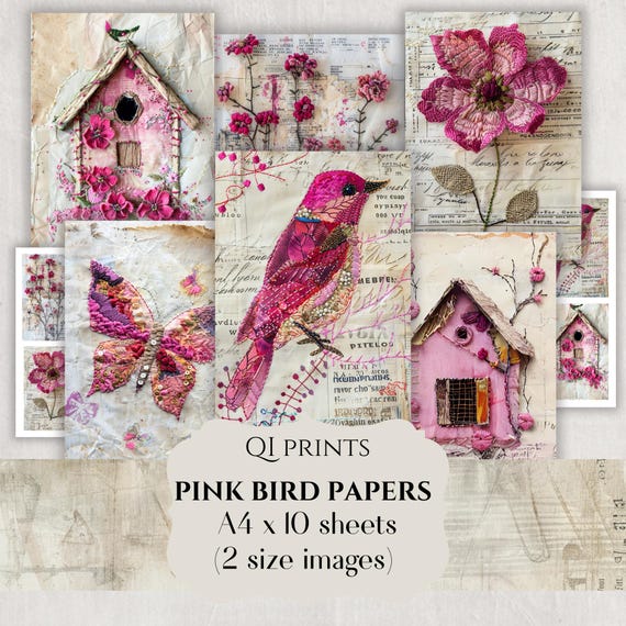 Pink bird floral digital prints, Digital download papers, Diigital journal cards, Butterfly digital, ephemera, Pink floral priintables