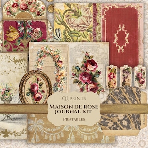 May include: A selection of vintage paper ephemera featuring floral and botanical designs. The collection includes a red velvet book, framed floral art, and tags. The label reads "MAISON DE ROSE JOURNAL KIT PRNTABLES".