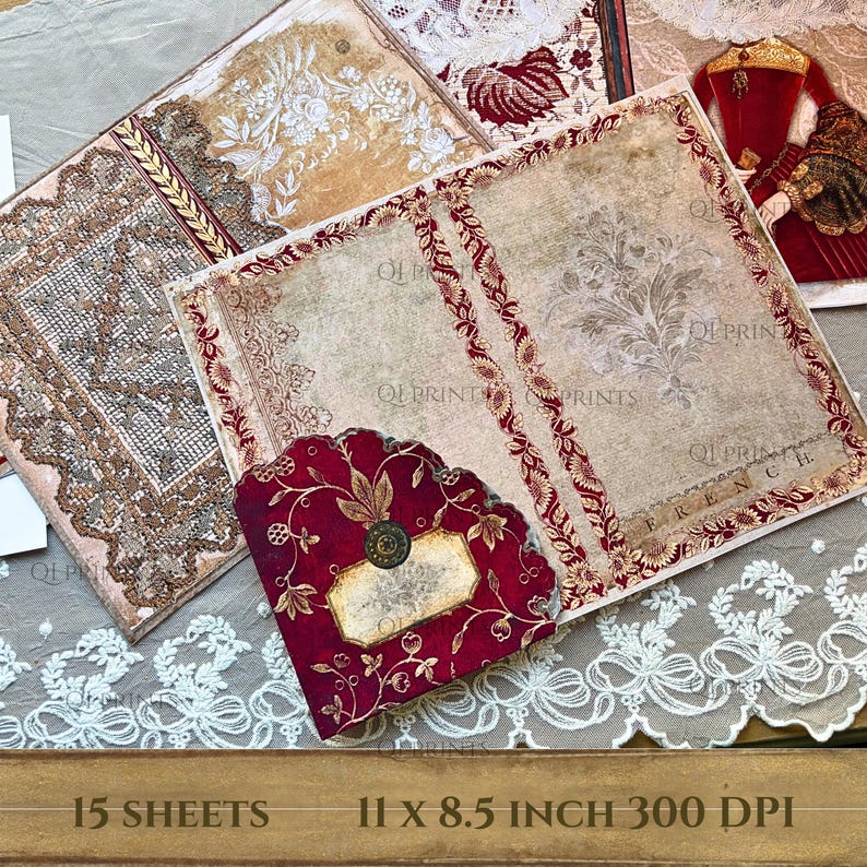 Puede incluir: Una colecci&oacute;n de hojas de papel decorativas con dise&ntilde;os vintage, patrones de encaje, motivos de damasco y una tarjeta floral de color rojo intenso con un bot&oacute;n central. El texto 15 SHEETS 11 x 8.5 INCH 300 DPI aparece en la parte inferior.