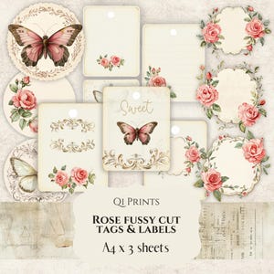 Rose fussy cuts, Floral fussy cuts, Tags and labels, Shabby chic tags, Digital, Ephemera, Floral tags and labels, Pink rose tags, Rose