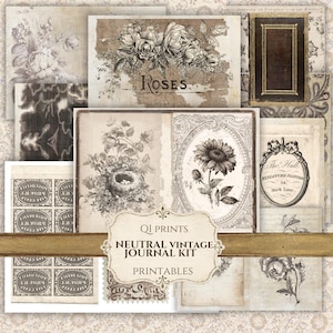 May include: A collection of printable journal pages featuring neutral vintage designs, including illustrations of roses, a bird's nest, a sunflower in an oval frame, postage stamps, and antique book covers with the text QI PRINTS NEUTRAL VINTAGE JOURNAL KIT.
