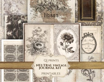 Neutral Vintage Journal Kit, Antique Ephemera, Rose Sepia Backgrounds, Botanical Floral Papers, Digital download