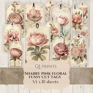 Shabby pink fussy cut tags, Digital download Tags, Printables, Commercial use, Vintage floral digitals, Shabby pink floral tag