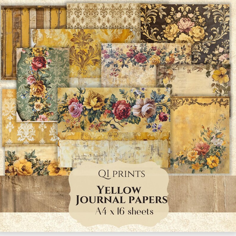 Yellow Floral Journal Paper, Retro Damask Prints (digital Download ...