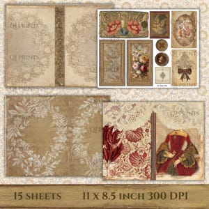 Puede incluir: Una colecci&oacute;n de hojas de papel digital con coronas florales, ilustraciones bot&aacute;nicas, patrones de encaje y una figura hist&oacute;rica con vestido rojo. El texto 15 SHEETS 11 x 8.5 INCH 300 DPI est&aacute; impreso en la parte inferior.