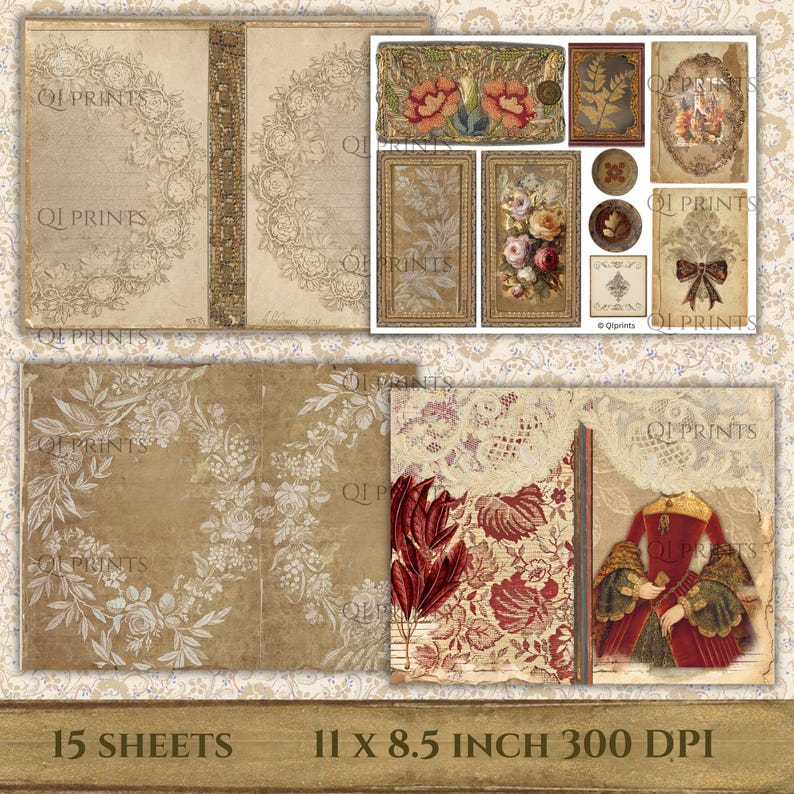 Puede incluir: Una colecci&oacute;n de hojas de papel digital con coronas florales, ilustraciones bot&aacute;nicas, patrones de encaje y una figura hist&oacute;rica con vestido rojo. El texto 15 SHEETS 11 x 8.5 INCH 300 DPI est&aacute; impreso en la parte inferior.