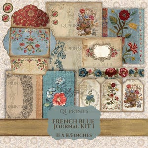 French Blue Journal Kit, Vintage Ephemera, Scrapbooking Paper (Digital Download) Red printables