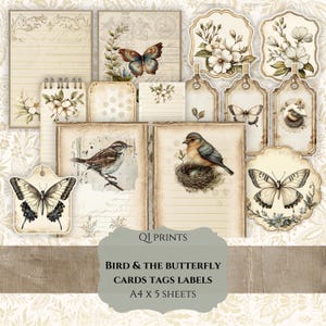 Bird & the Butterfly Karten Tags Etiketten, Floral Tags und Etiketten, Vintage Karte, Tag, Scrapbooking, Floral, Notebook, Sepia Kit