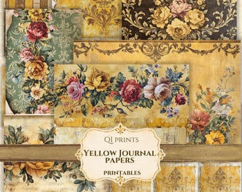 May include: A collection of decorative papers featuring floral patterns, damask motifs, and distressed textures in shades of yellow, gold, green, and brown. A central label displays the text QI PRINTS YELLOW JOURNAL PAPERS PRINTABLES.