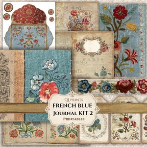 May include: A digital printable journal kit featuring French blue and floral motifs. The collection includes patterned papers, envelope templates, and decorative labels with vintage-style botanical illustrations, script text, and ornate frames.