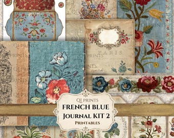 French Blue Journal Kit, Vintage Ephemera, Scrapbooking Paper (Digital Download) Red printables