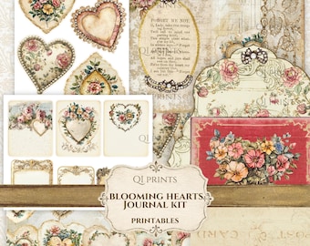 Blooming Hearts Journal Kit, Vintage Floral Heart Ephemera, Shabby Chic Printables, Junk Journal Kit