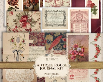 Antique Rouge Journal Kit, Vintage Floral Ephemera (Digital Download), Red Rose Journal Kit