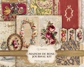 Maison de Rose Journal Kit, Vintage French Ephemera, Burgundy Rococo Lace Roses, Shabby Chic Floral Printables