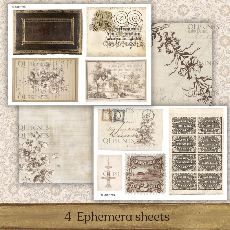 Neutral Vintage Journal Kit, Antique Ephemera, Rose Sepia Backgrounds, Botanical Floral Papers, Digital download image 8