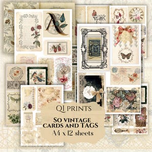 Objetos efémeros, etiquetas vintage, cartões vintage, imprimíveis digitais para download, etiquetas bege, kit de encartes de diário, cartões de etiquetas florais, digitais de diário