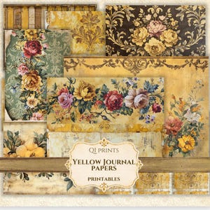 Yellow Floral Journal Paper, Retro Damask Prints (Digital Download), Printables, Rose paper, Striped, Border