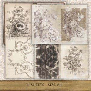 Neutral Vintage Journal Kit, Antique Ephemera, Rose Sepia Backgrounds, Botanical Floral Papers, Digital download image 3