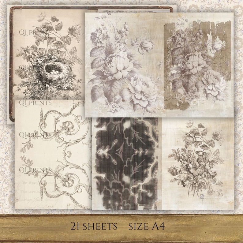 Neutral Vintage Journal Kit, Antique Ephemera, Rose Sepia Backgrounds, Botanical Floral Papers, Digital download image 3
