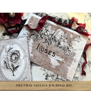 Neutral Vintage Journal Kit, Antique Ephemera, Rose Sepia Backgrounds, Botanical Floral Papers, Digital download image 13