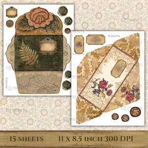 Puede incluir: Una hoja de collage digital que presenta dos plantillas de sobres imprimibles con motivos florales y bot&aacute;nicos vintage, incluyendo ilustraciones de helechos, patrones de rosas y etiquetas decorativas, con el texto 15 SHEETS 11 x 8.5 INCH 300 DPI.