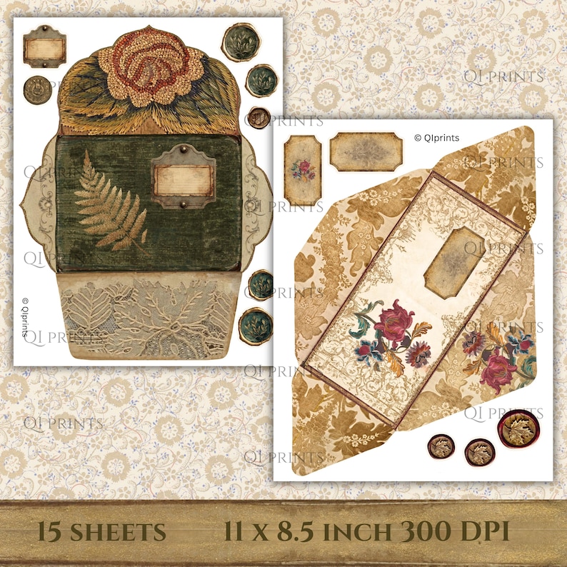 Puede incluir: Una hoja de collage digital que presenta dos plantillas de sobres imprimibles con motivos florales y bot&aacute;nicos vintage, incluyendo ilustraciones de helechos, patrones de rosas y etiquetas decorativas, con el texto 15 SHEETS 11 x 8.5 INCH 300 DPI.