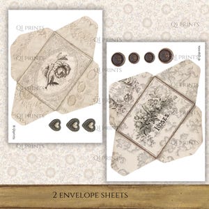 May include: Two printable envelope sheets featuring vintage-style floral illustrations in sepia tones. One sheet displays a single rose, while the other shows a bouquet with the text ROSES. Both include small circular and heart-shaped decorative accents.