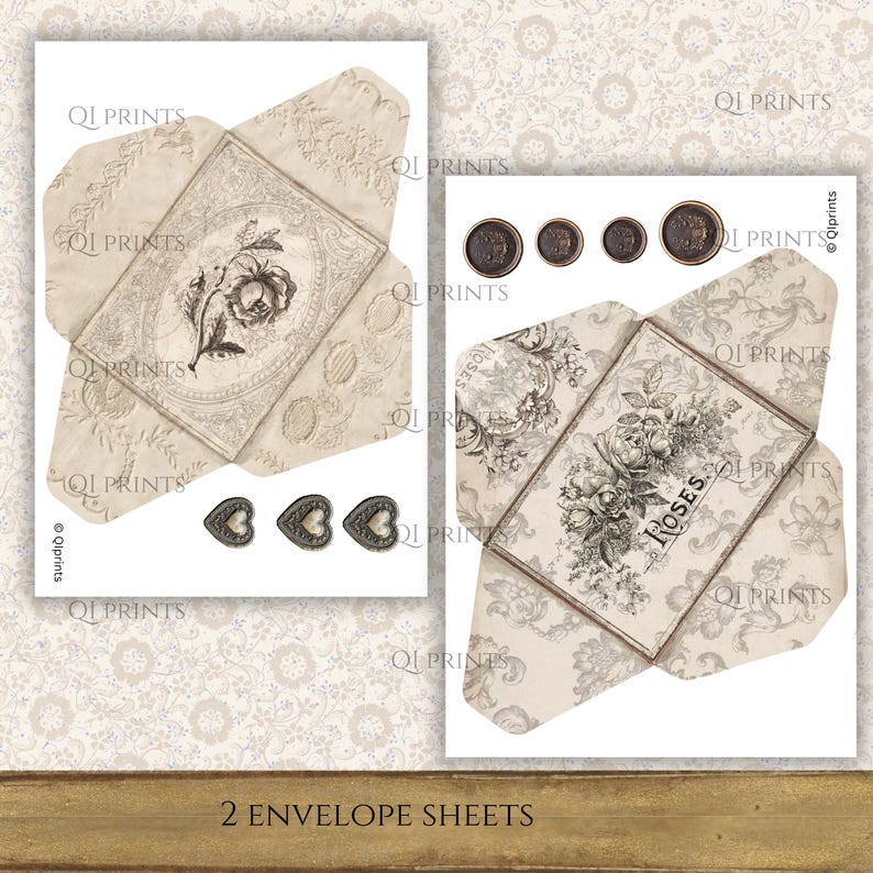 May include: Two printable envelope sheets featuring vintage-style floral illustrations in sepia tones. One sheet displays a single rose, while the other shows a bouquet with the text ROSES. Both include small circular and heart-shaped decorative accents.