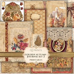 Goldenes Herbst-Journal-Set: 2 Vintage-Herbst-Ephemera-Papiere zum Ausdrucken für Junk Journaling und Bastelarbeiten